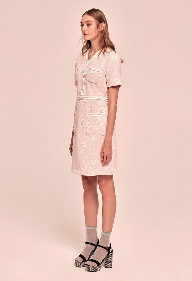 Daisy-embroidered tweed dress