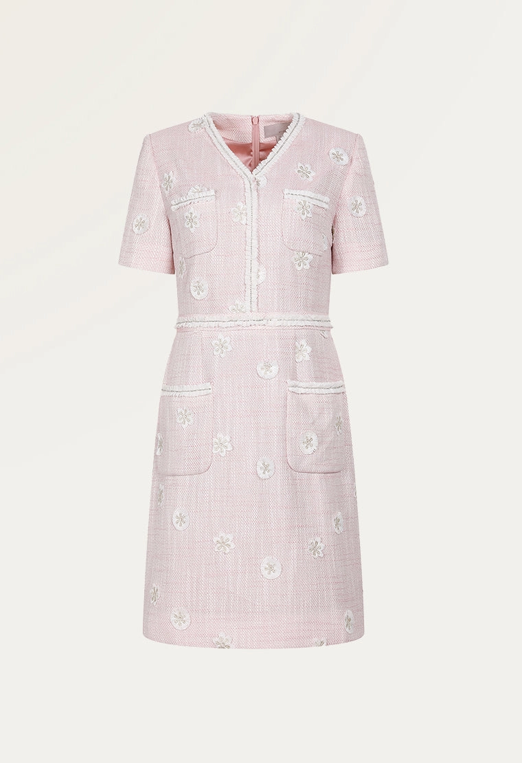 Daisy-embroidered tweed dress