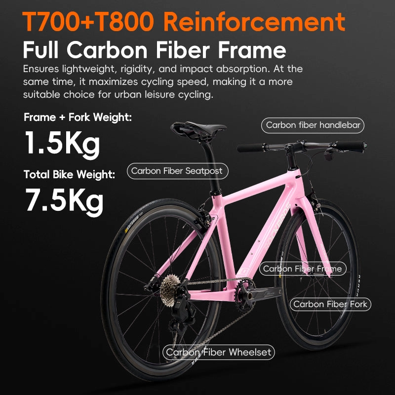 ROCKBROS T700 Carbon Fiber Aerodynamic Flat Road Bike V-brake Leisure City Bike Pink White