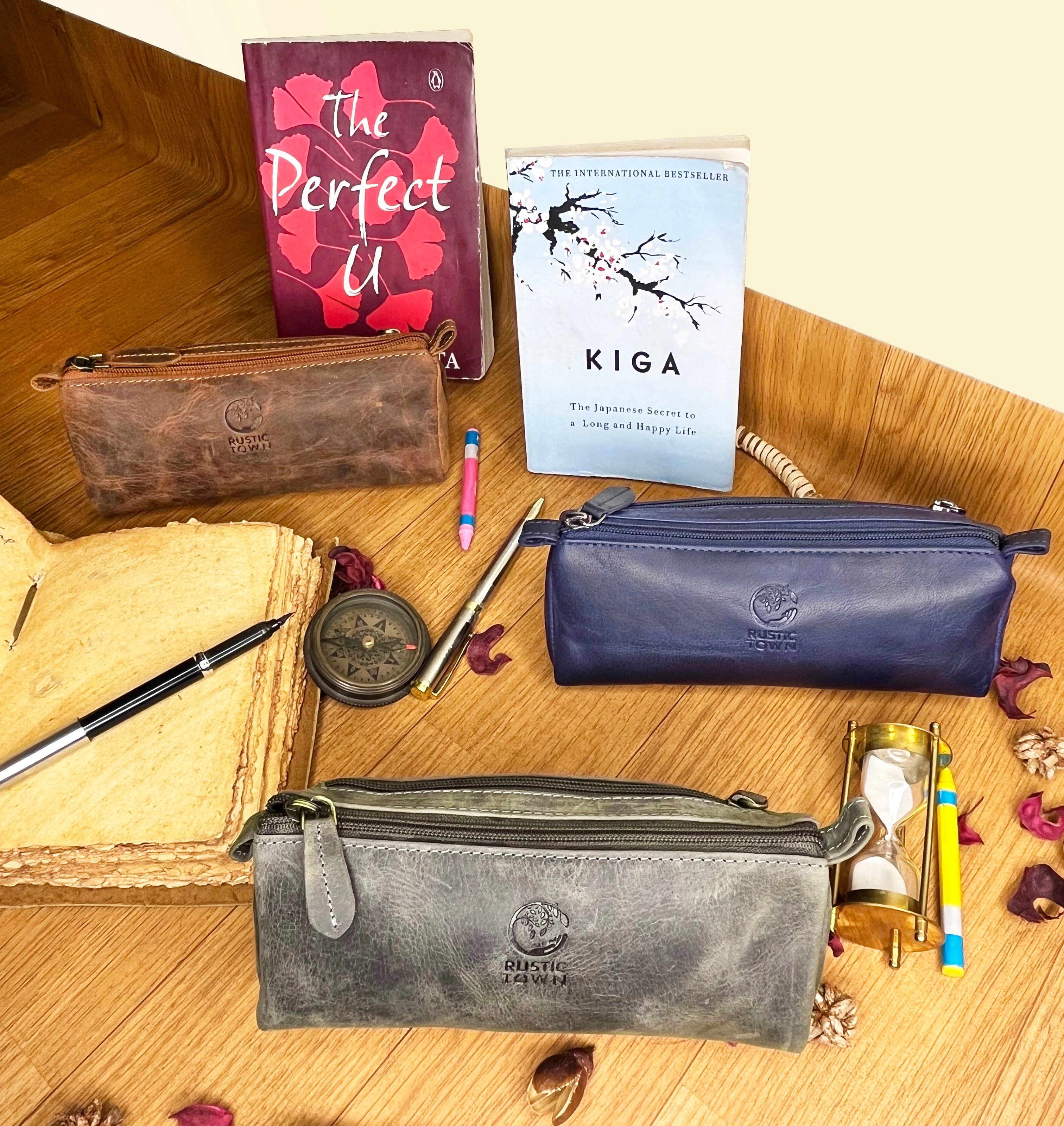 Tom Leather Pencil Case Zipper Pen Pouch - Handcrafted Vintage Stationery Bag for Artists & Students (Grey)
